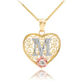 10K Yellow Gold Filigree Heart Initial CZ Pendant Necklace with 16" chain I500001