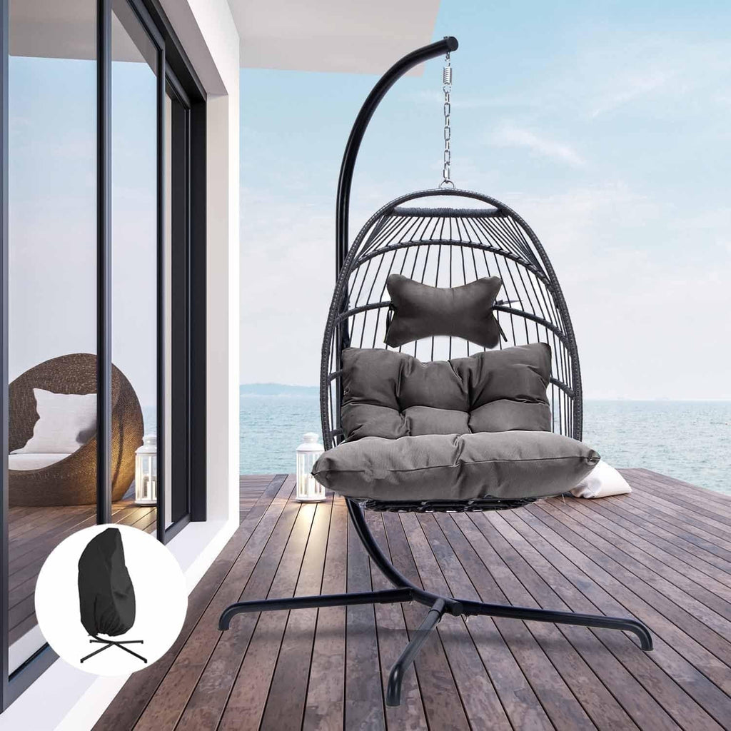 Rattan Swing Egg Chair with Stand Grey 350 lbs E778645