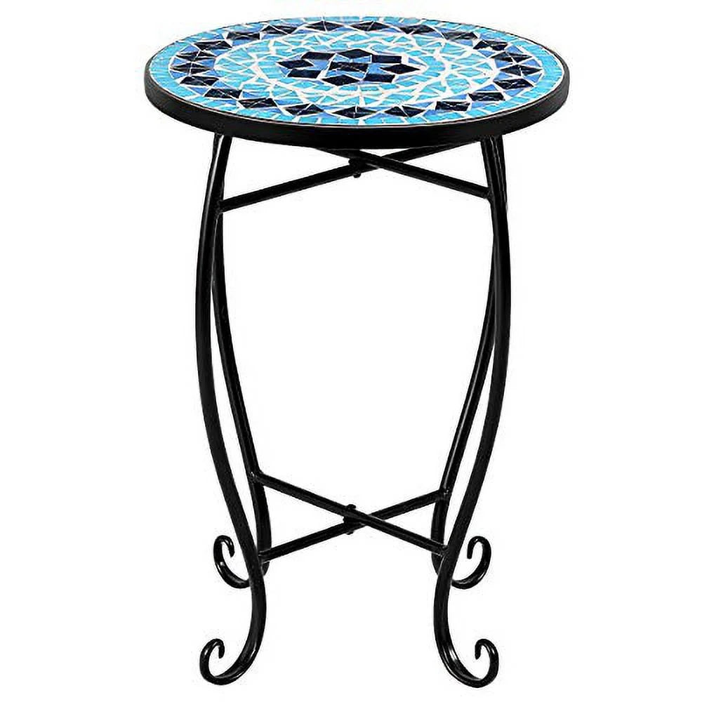 Round 14 Inch Mosaic Side Table with Glass Top and Steel Frame H872