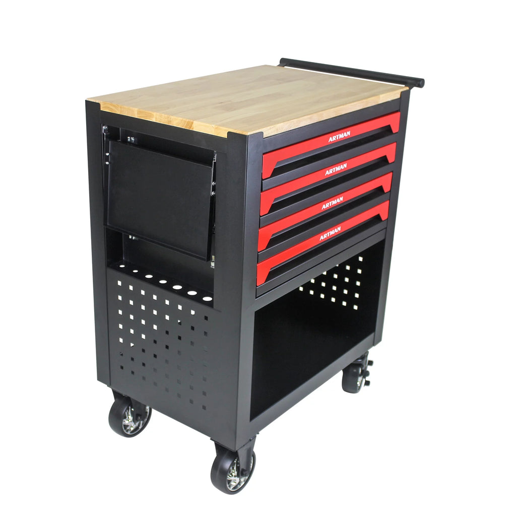 4-Tier Rolling Tool Cart with Cabinet and Wooden Top L151