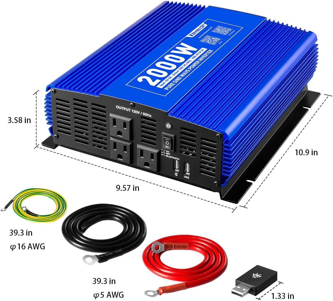 2000W Pure Sine Wave Power Inverter 12V DC to 110V AC with 3 AC Outlets & 1 USB Port L594154