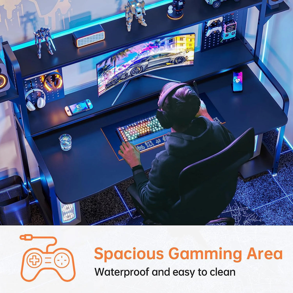 55" Gaming Desk with Hutch, Shelves, LED Lights, Pegboard and Monitor Shelf, Black Y13092