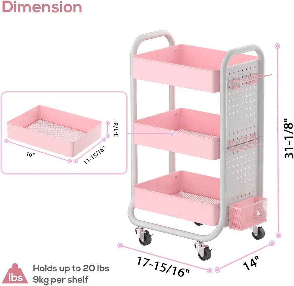 3 Tier Rolling Metal Utility Cart with Hooks Storage Bins M295293