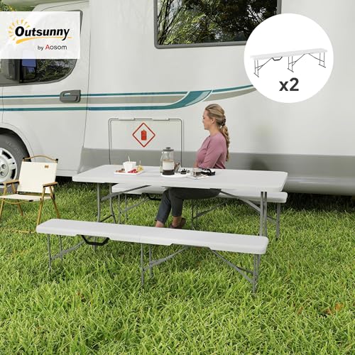 2-Pack 6 Ft. White Plastic Folding Benches with Carrying Handle L5147