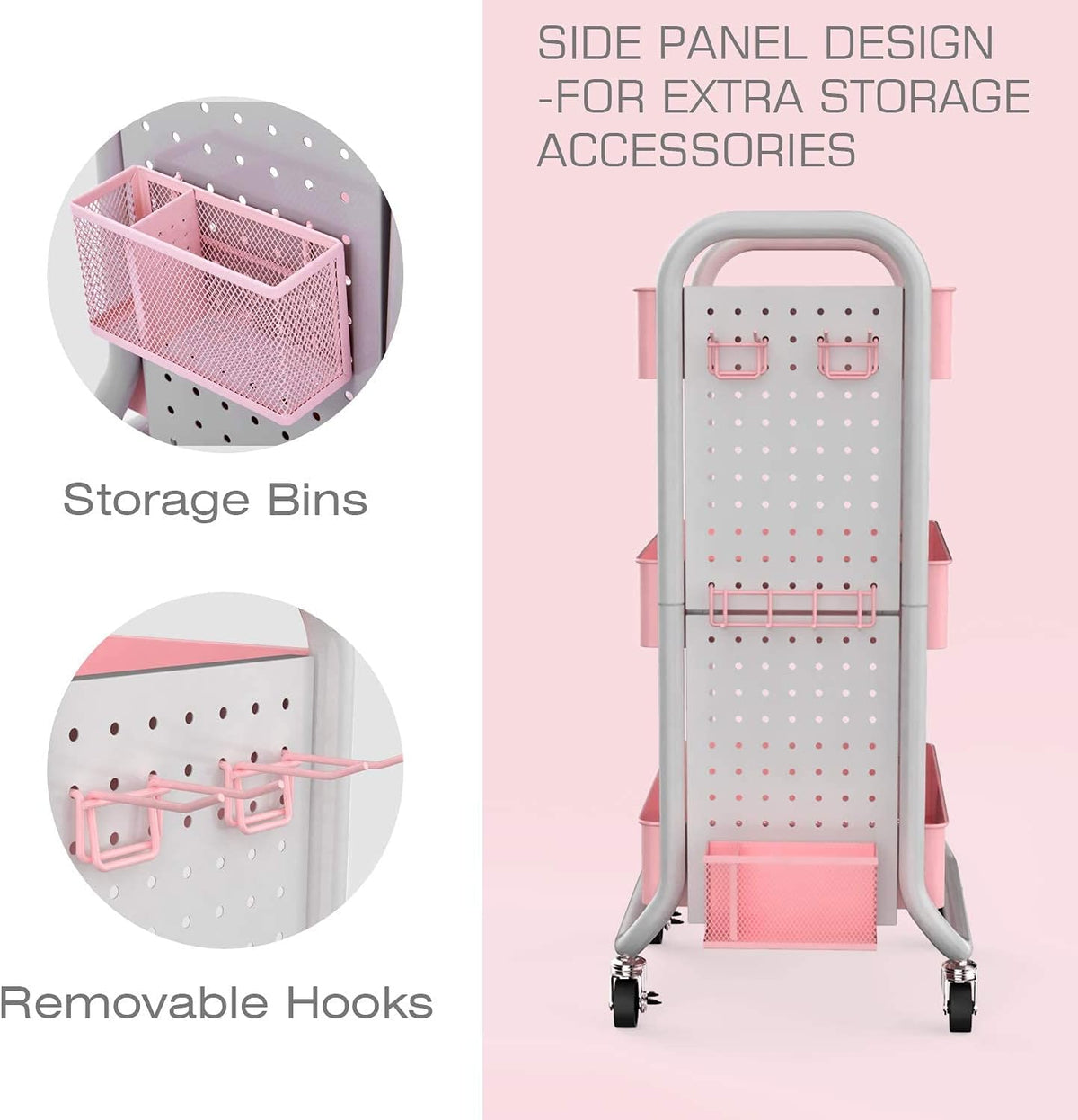 3 Tier Rolling Metal Utility Cart with Hooks Storage Bins M295293