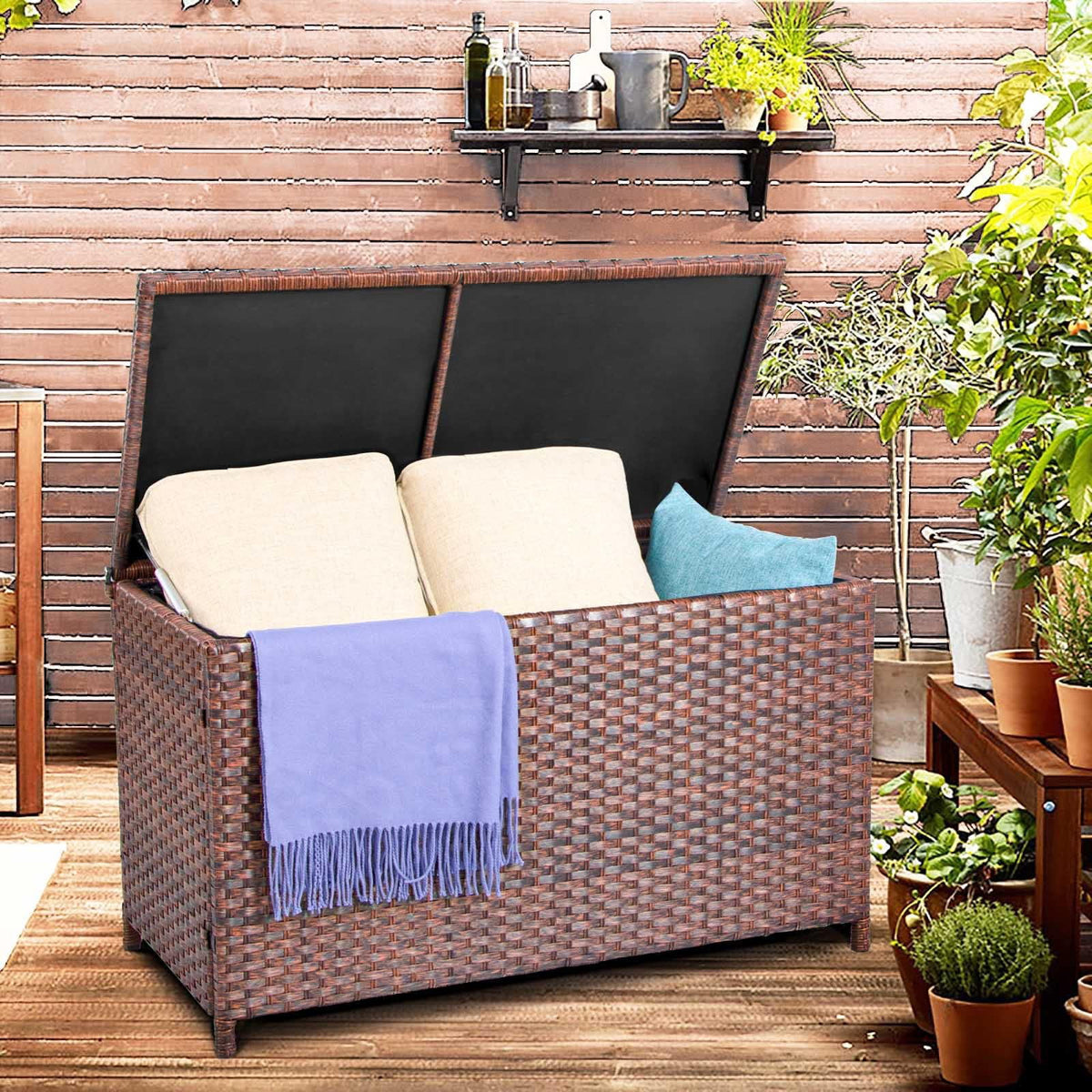 Outdoor Wicker Rattan Storage Box Table 70 Gallon Z75355