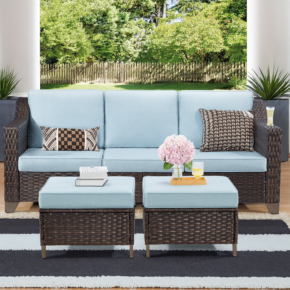 3 Pieces Outdoor Patio Wicker Conversation Set with Cushions, Sky Blue H61411