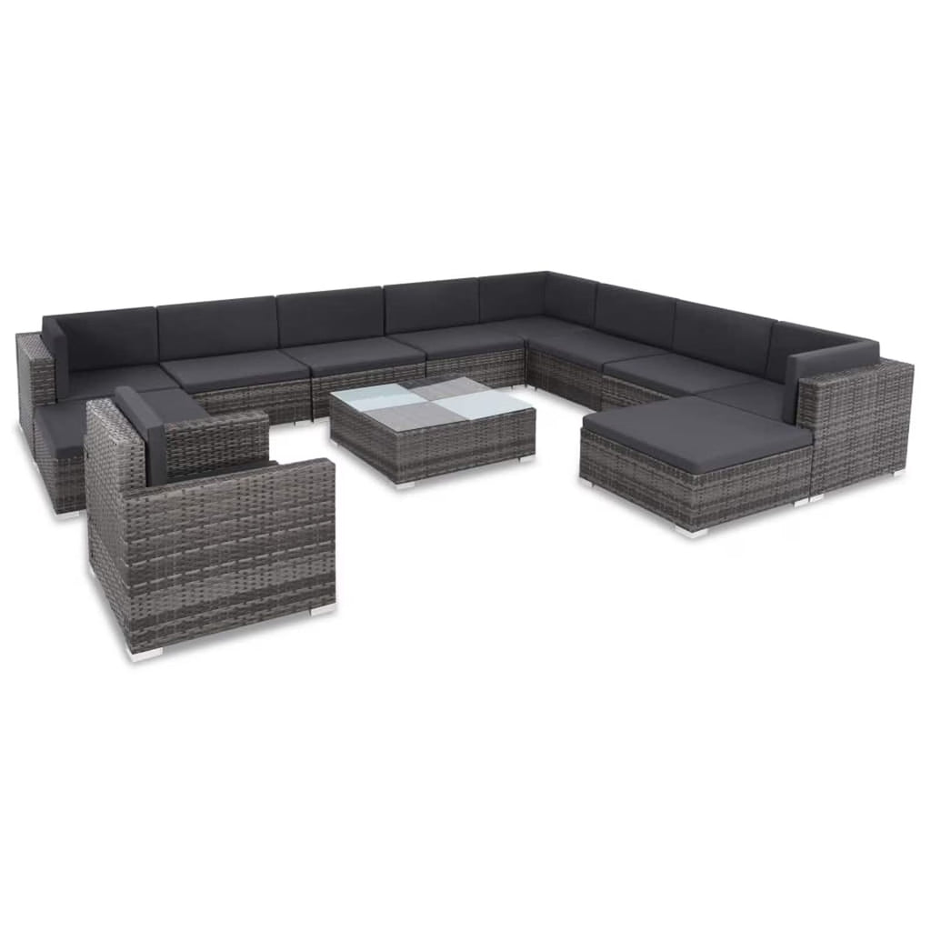 12 Piece Gray Poly Rattan Outdoor Patio Sectional Sofa with Coffee Table and Ottoman T1465