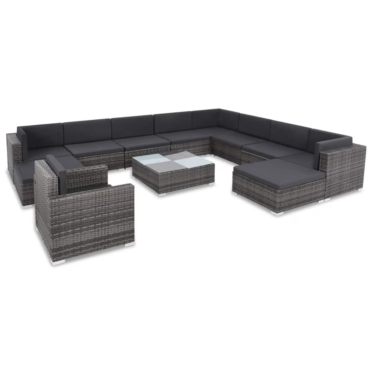 12 Piece Gray Poly Rattan Outdoor Patio Sectional Sofa with Coffee Table and Ottoman T1465
