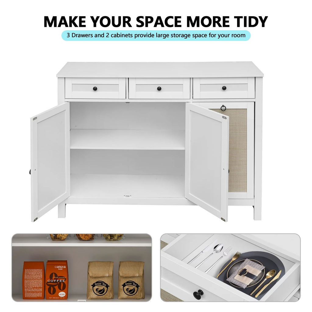 White Rattan Sideboard Buffet Cabinet with 3 Doors and 3 Drawer L106293