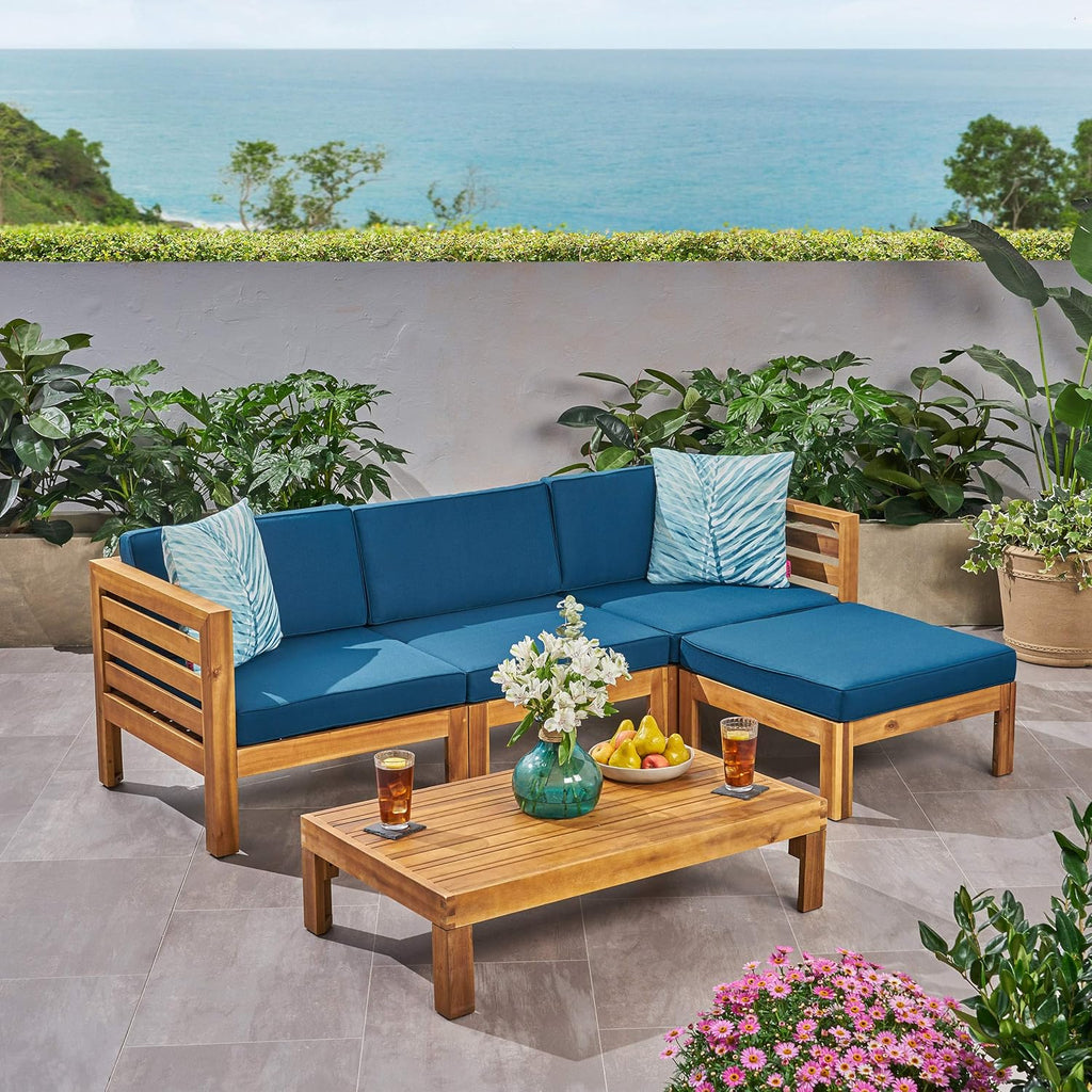 5 Piece Acacia Wood Sofa Set, Teak Finish, Dark Teal Y67716