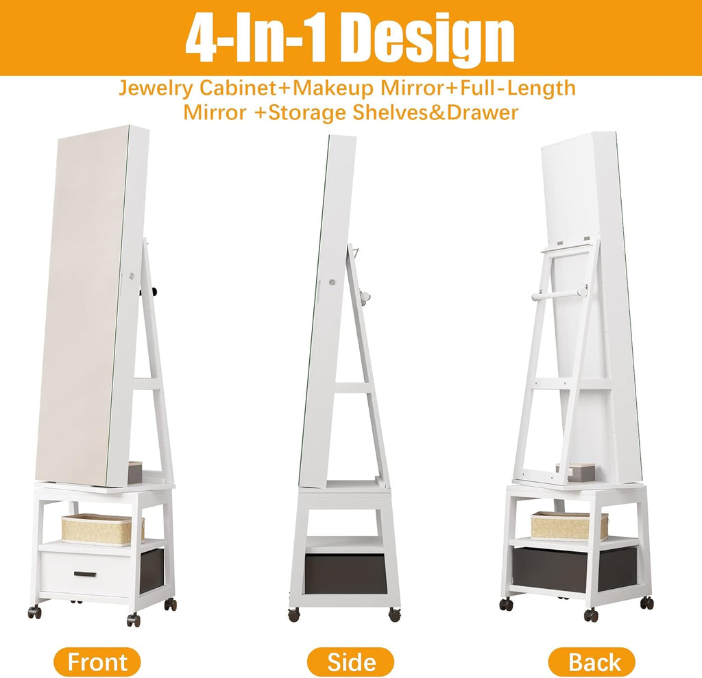 White Floor Standing Jewelry Armoire with Full Length Mirror and Wheels K583799