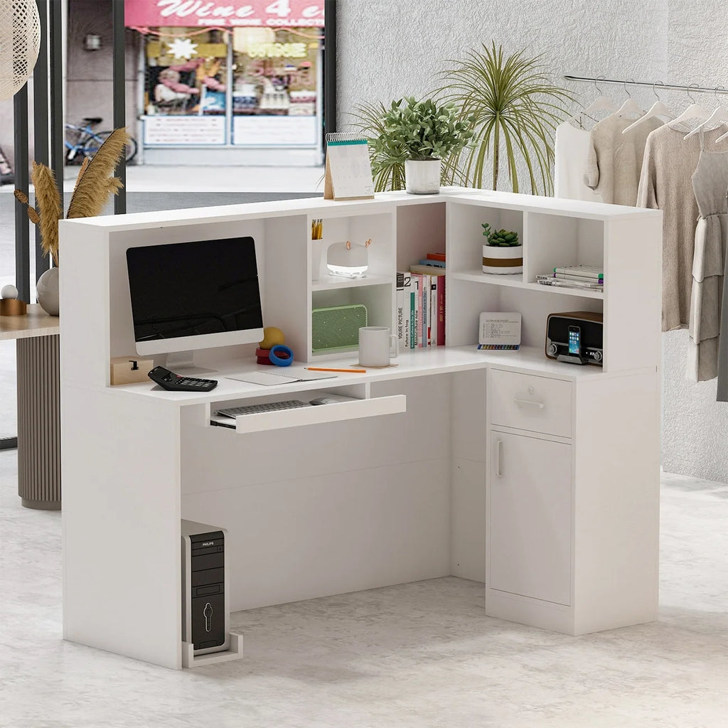 L-Shaped Reception Desk with Shelves and Drawers White W267
