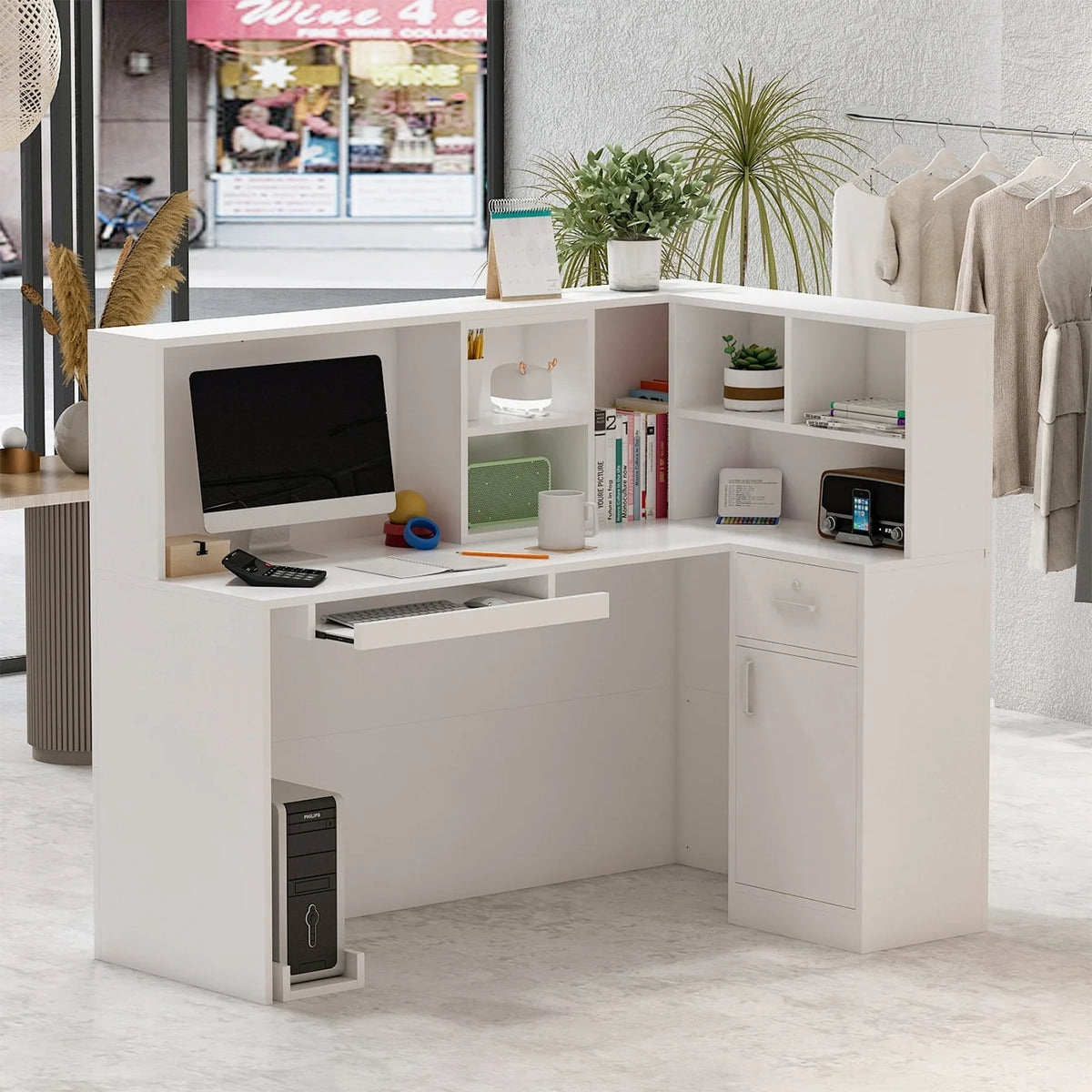 L-Shaped Reception Desk with Shelves and Drawers White W267