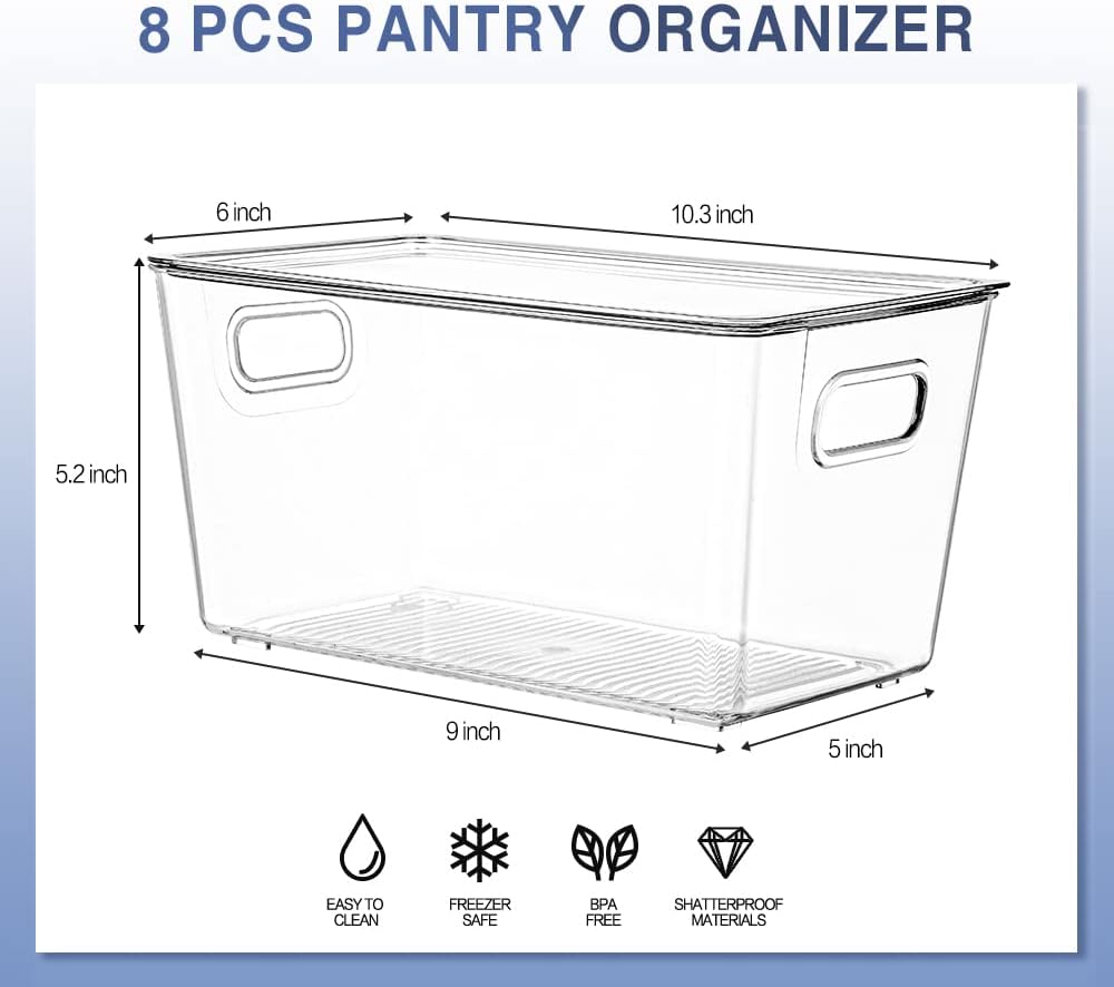 8 Pack Large Clear Fridge Organizer Bins with Lids and Handles Y161516