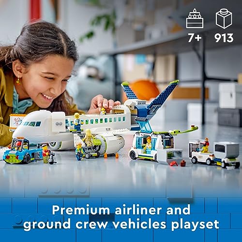 LEGO City Passenger Airplane Building Toy Set with Large Airplane, Passenger Bus, Luggage Truck, Container Loader, and 9 Minifigures V2511