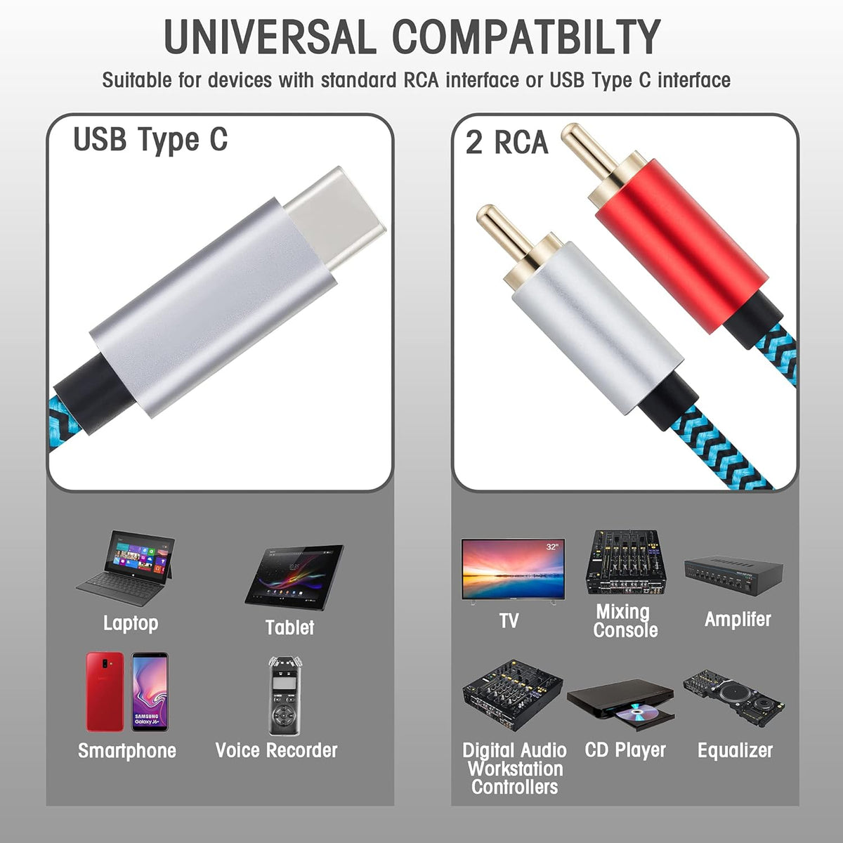 USB C to 2 Male RCA Audio Stereo Cable 15 ft L58685