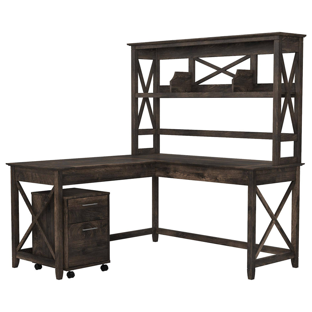 Dark Gray Hickory L Shaped Desk with Hutch and 2 Drawer Mobile File Cabinet F490885