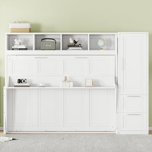 White Solid Wood Full Size Murphy Bed with Closet and Drawers C200