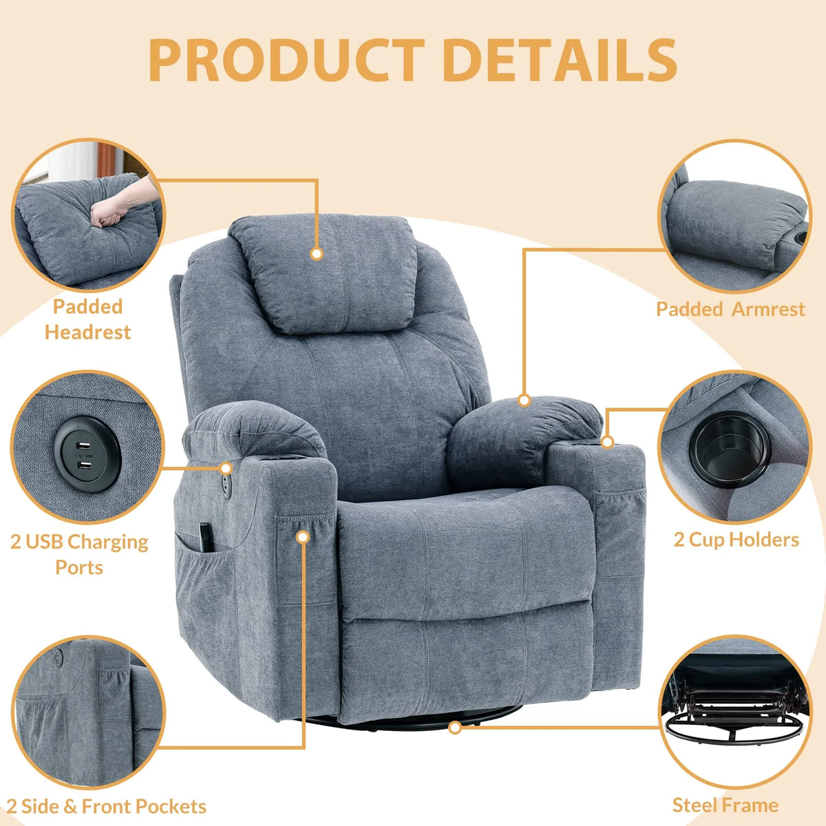 Gray-Blue Swivel Rocker Recliner Chair with Heated Massage U1353