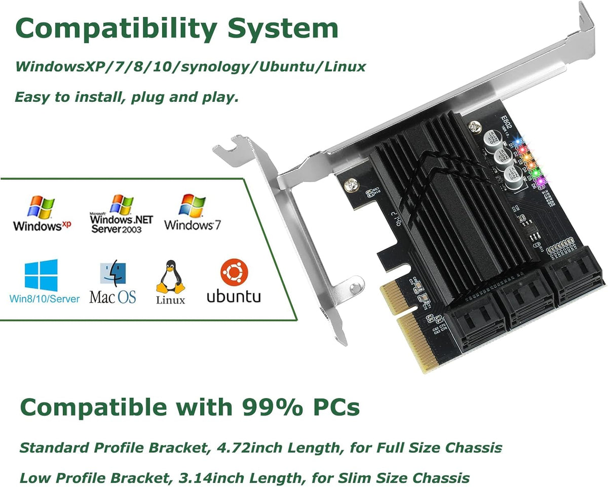 PCIe X4 SATA Card 6 Ports, Non Raid, SATA III Controller Expansion Card 6 Gbps, with 6 SATA Cables+Thin Bracket Pack of 2 L564