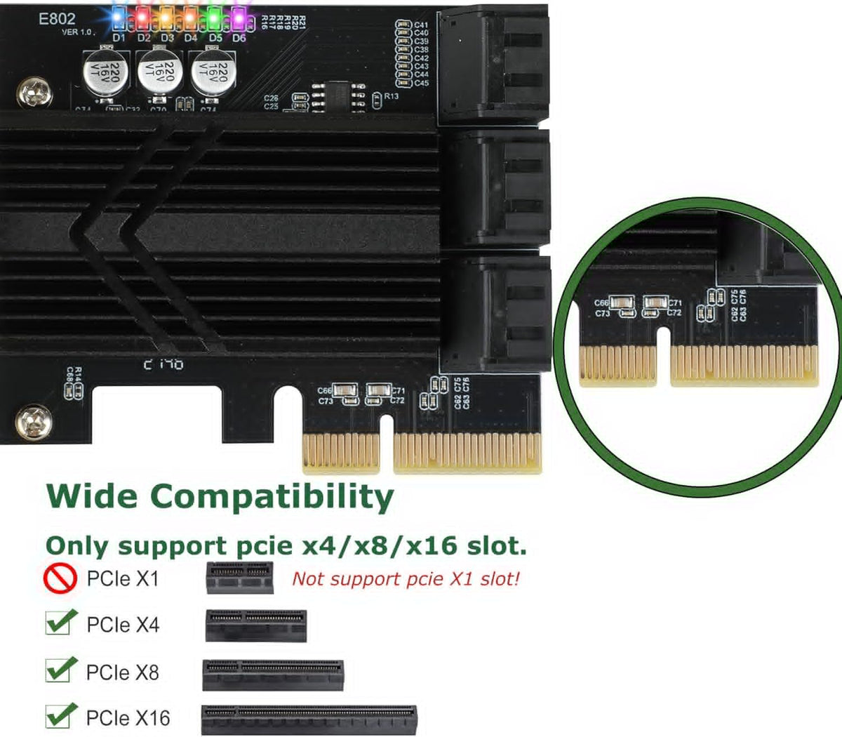 PCIe X4 SATA Card 6 Ports, Non Raid, SATA III Controller Expansion Card 6 Gbps, with 6 SATA Cables+Thin Bracket Pack of 2 L564