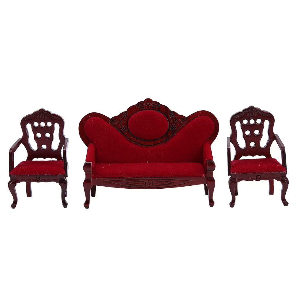 Red Wooden Dollhouse Sofa Chair Set W441