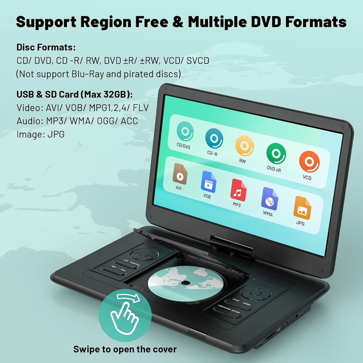 17.5” Portable DVD Player with 15.6” HD Screen, 6 Hours Rechargeable Battery, Dual Speakers, Remote Control, Black I249957