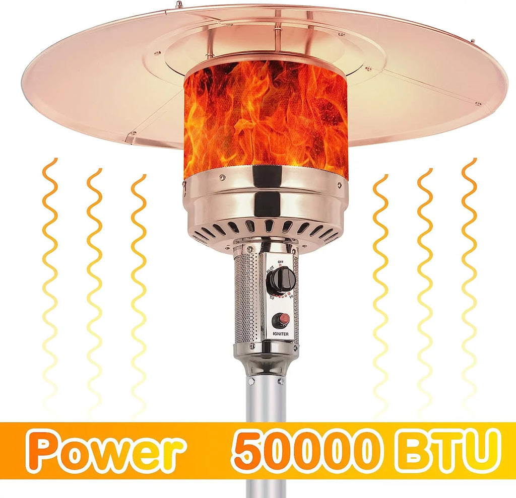 50,000 BTU Propane Patio Heater with Reflector, Stainless Steel Burner, Wheels, Silver U968