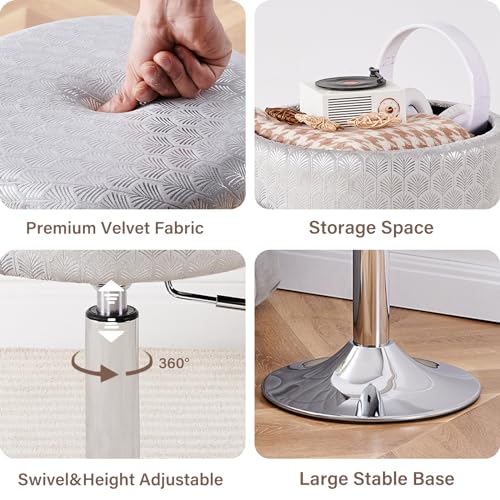 Black Velvet Height Adjustable Swivel Makeup Ottoman Stool with Storage N325134