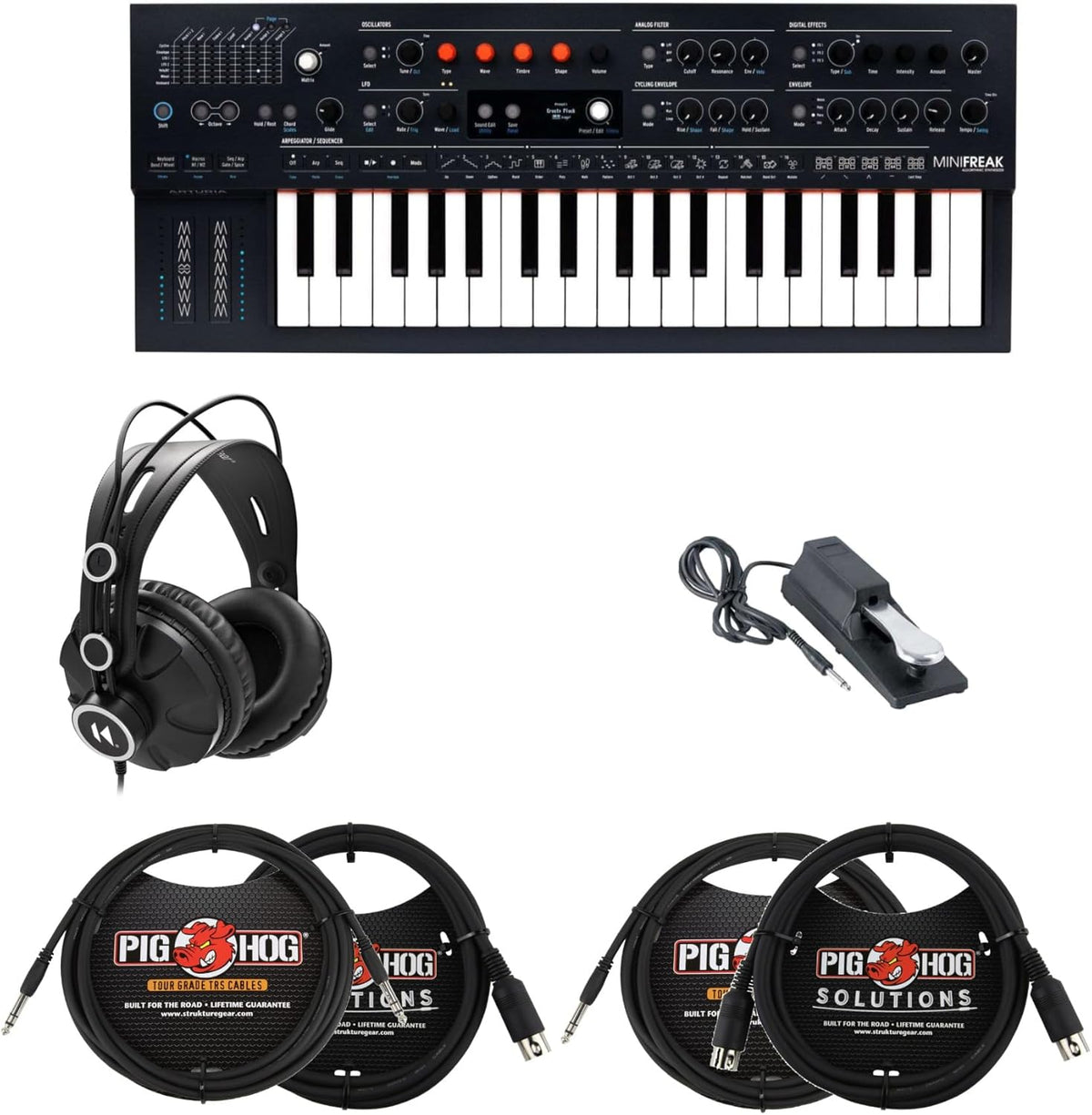 37-Key Hybrid Synthesizer Bundle with Headphones, Sustain Pedal, MIDI and 1/4" TRS Cables (7 Items) X273
