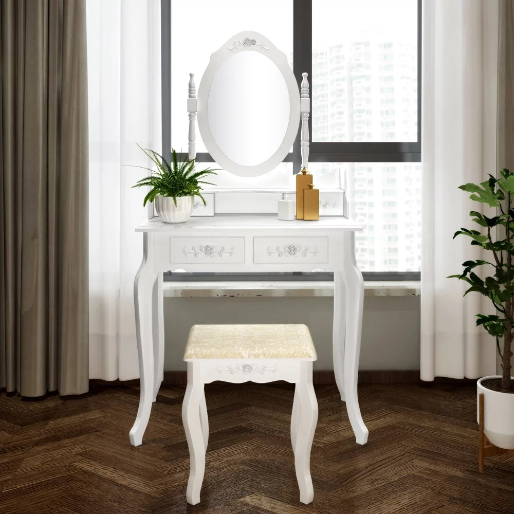 White 4 Drawer Vanity Table with Removable Mirror M34096