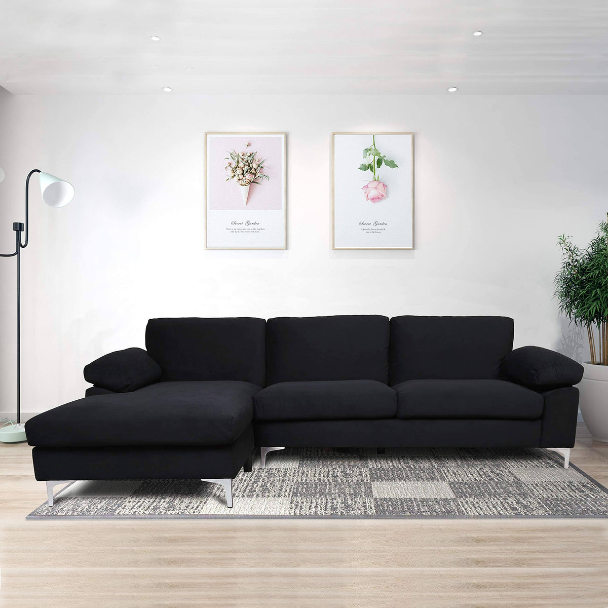 Black Velvet L-Shaped Sectional Sofa Chaise P6474