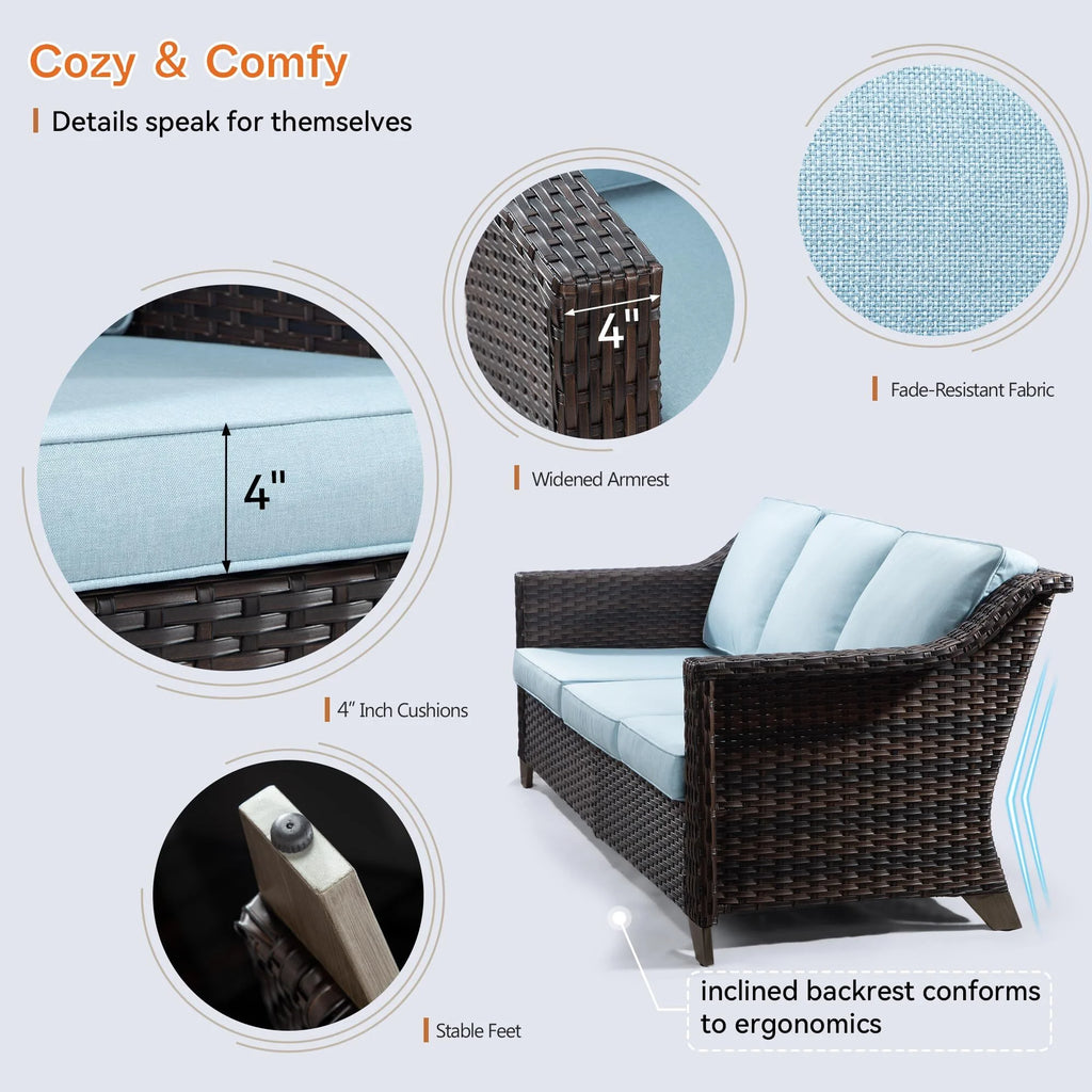 3 Pieces Outdoor Patio Wicker Conversation Set with Cushions, Sky Blue H61411
