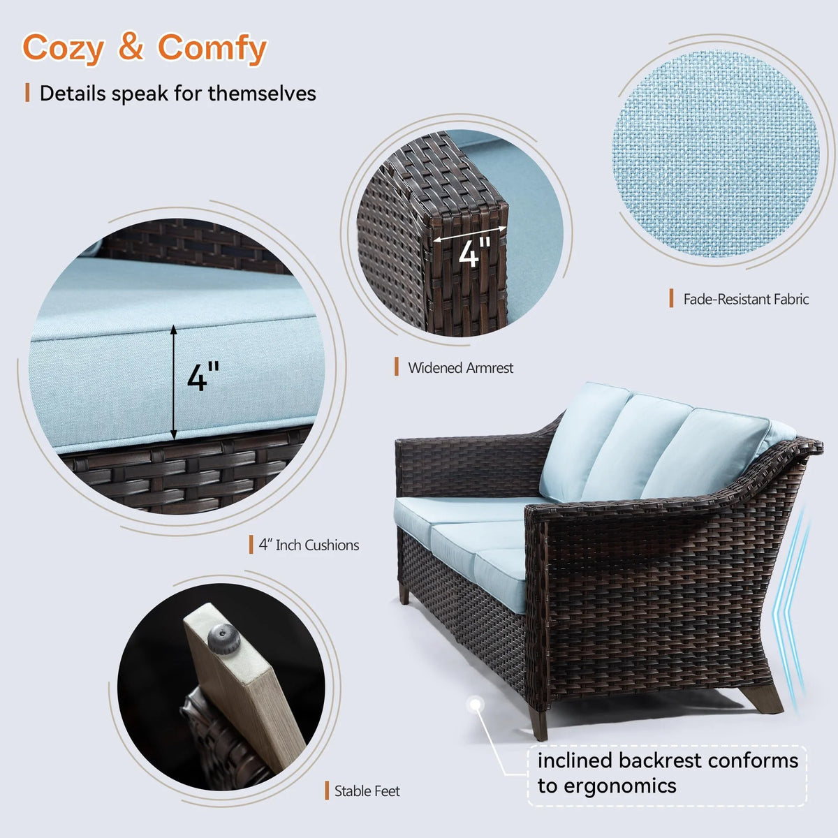 3 Pieces Outdoor Patio Wicker Conversation Set with Cushions, Sky Blue H61411