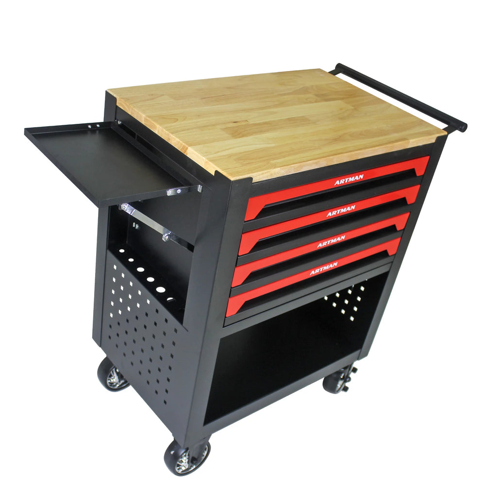 4-Tier Rolling Tool Cart with Cabinet and Wooden Top L151