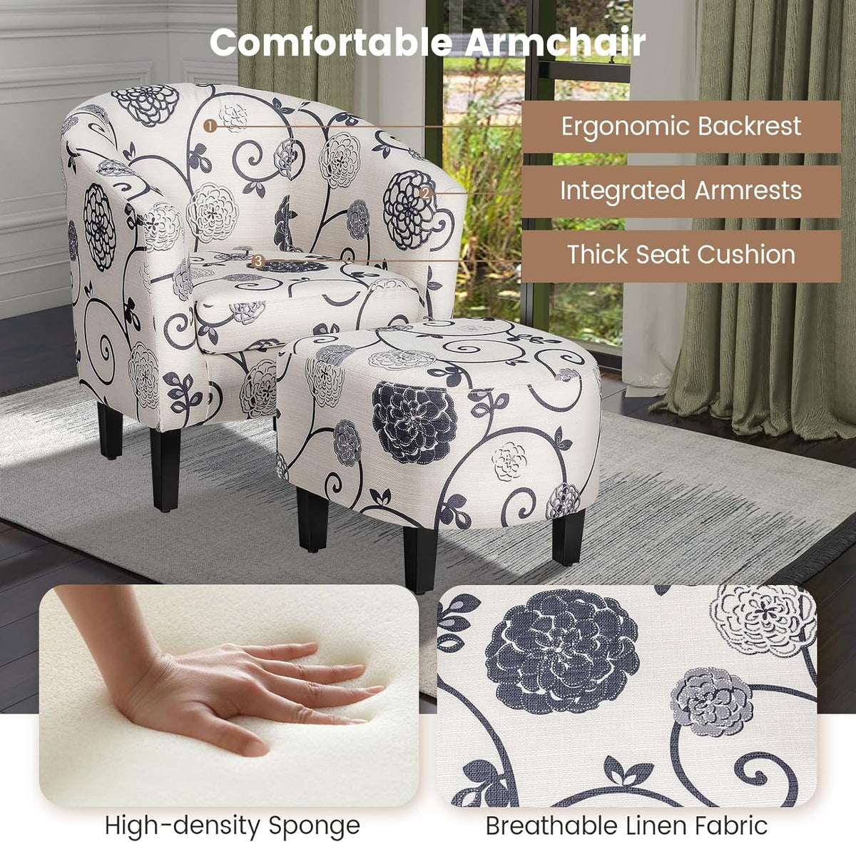 Accent Chair with Ottoman Set Upholstered Barrel Chair with Footrest V7371
