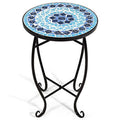 Round 14 Inch Mosaic Side Table with Glass Top and Steel Frame H872