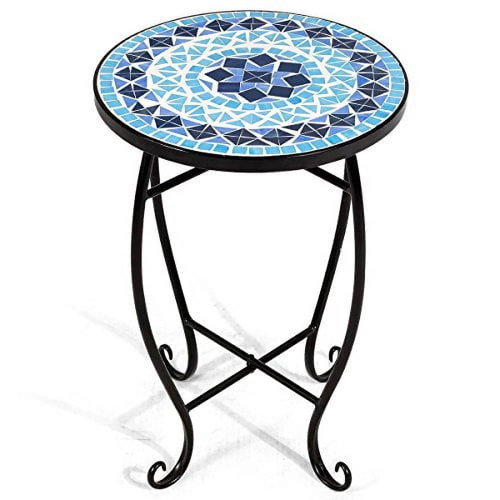 Round 14 Inch Mosaic Side Table with Glass Top and Steel Frame H872