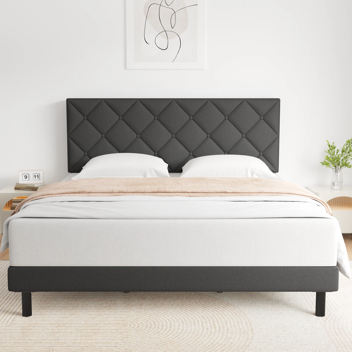 Full Size Bed Frame with Fabric Upholstered Headboard Dark Grey N708644