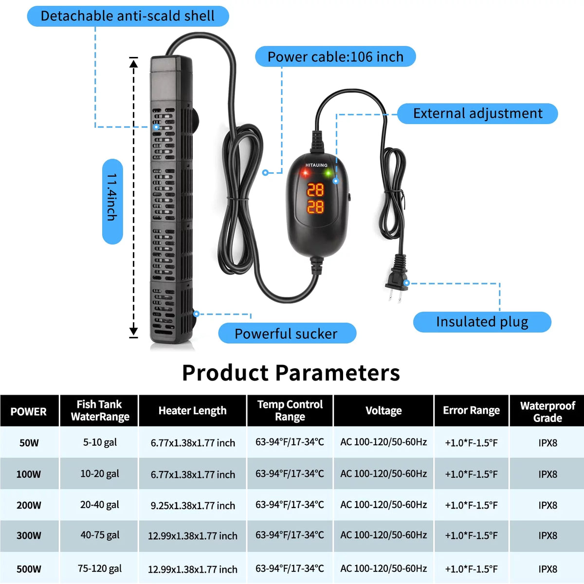 Aquarium Heater Submersible Fish Tank Heater P8978