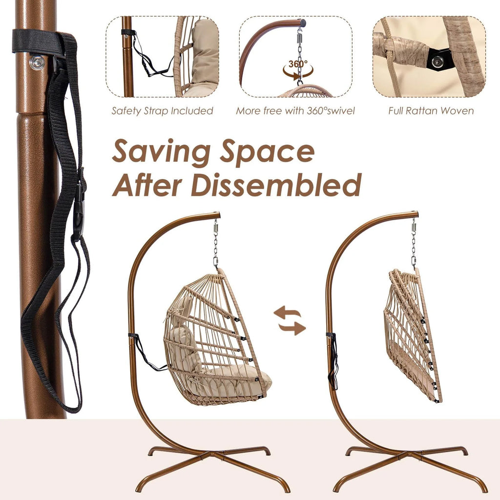 Rattan Swing Egg Chair with Stand Grey 350 lbs E778645