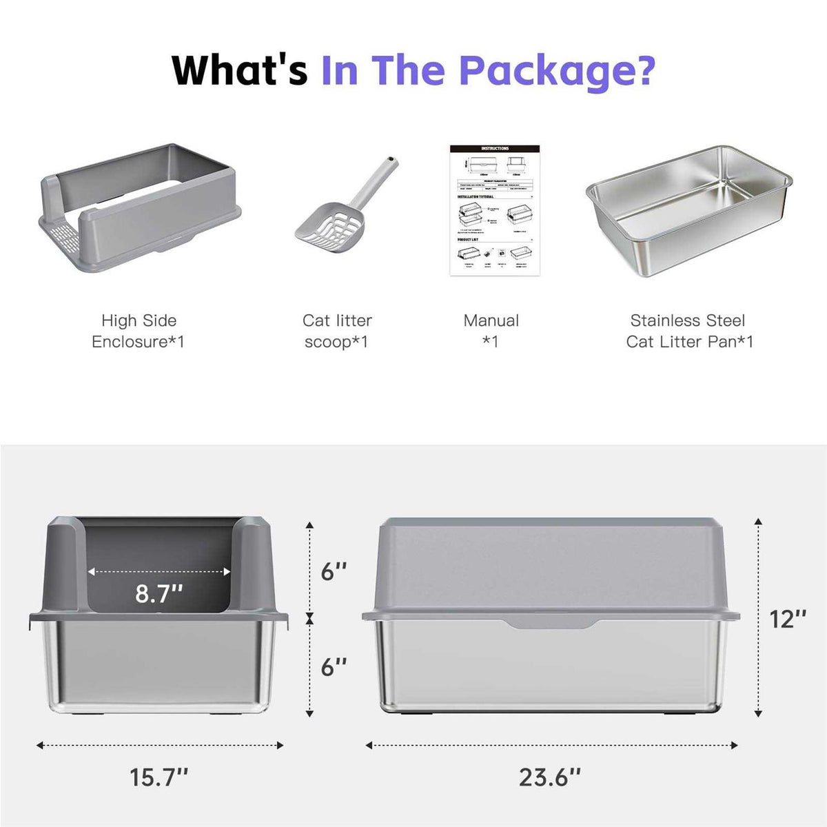 Enclosed Stainless Steel Litter Box XL with High Side C690882