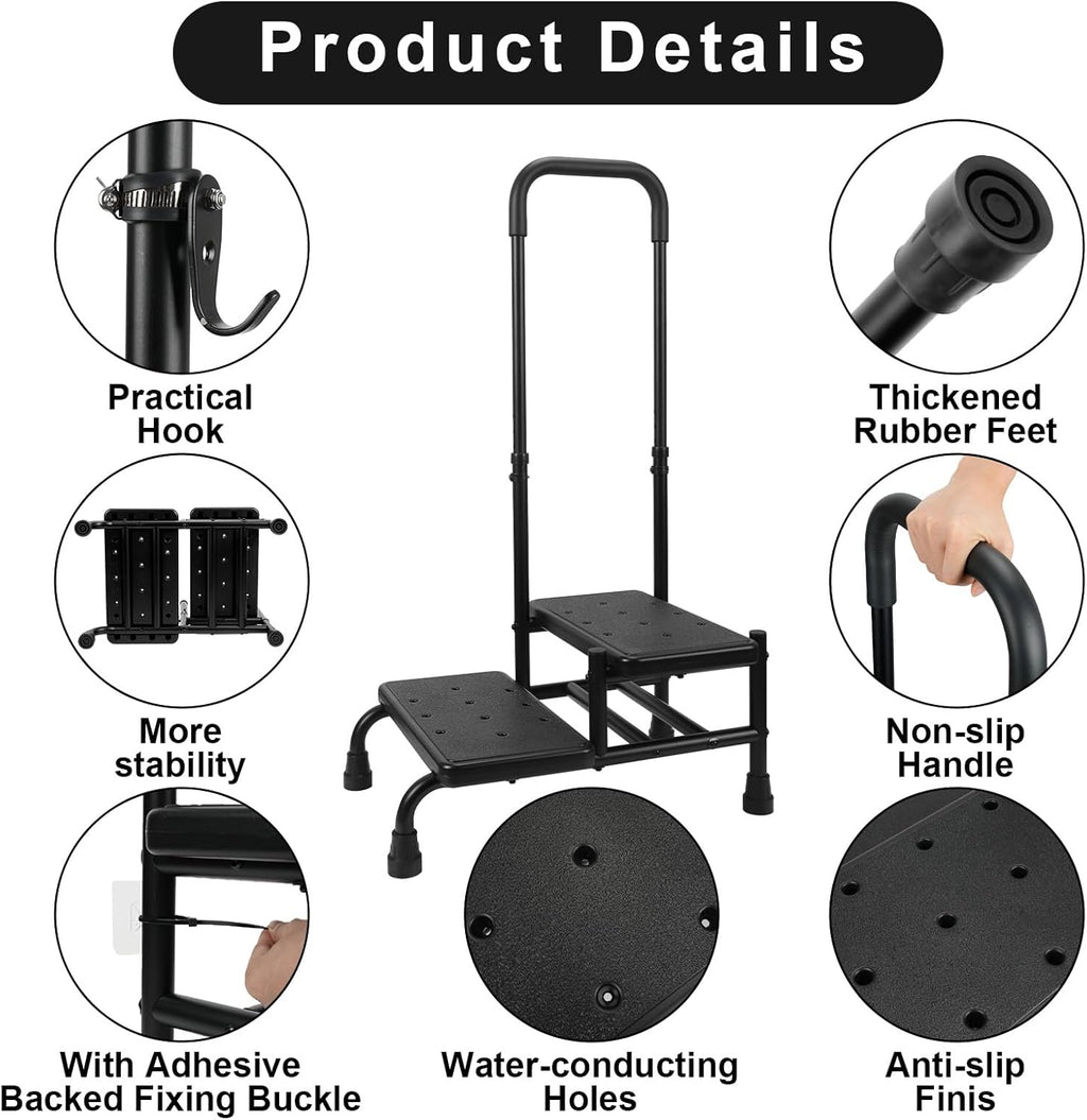 2 Step Stool with Handle, Heavy Duty Step Stool with 4 Fixing Buckle and Adjustable Handrail R672309
