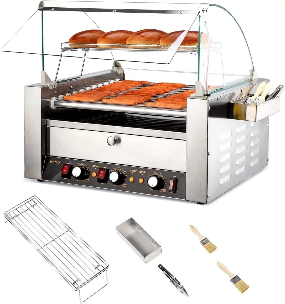 2000W 11 Rollers Hot Dog Roller Grill Cooker Machine with Bun Warmer W376862
