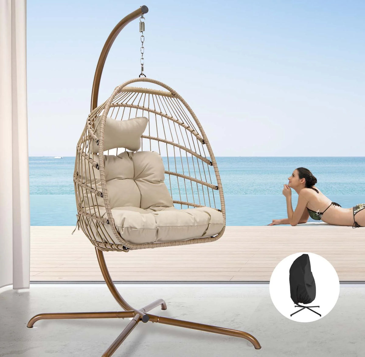Rattan Swing Egg Chair with Stand Grey 350 lbs E778645