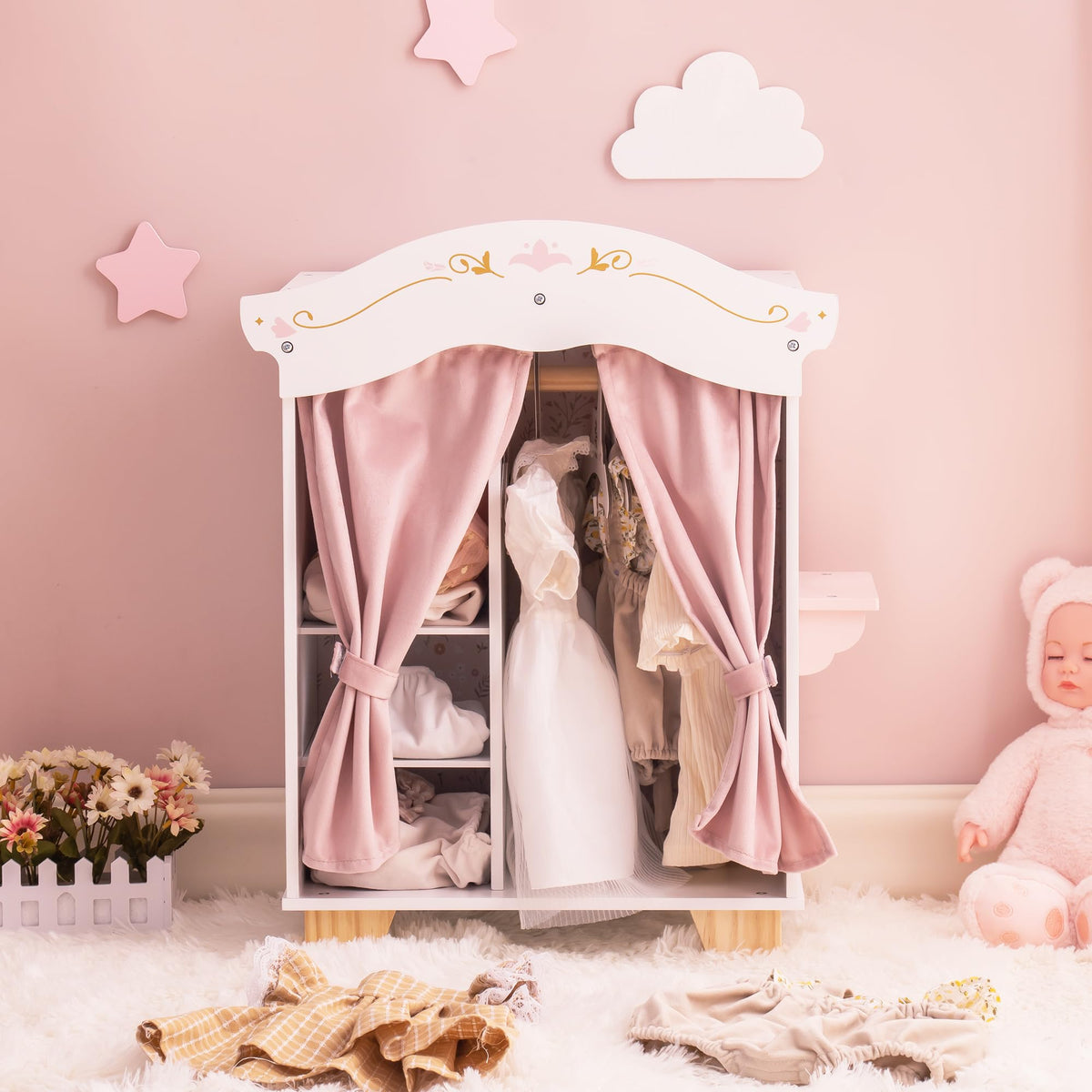 Pink Wooden Doll Armoire Closet with Vanity Table and 5 Clothing Hangers J630