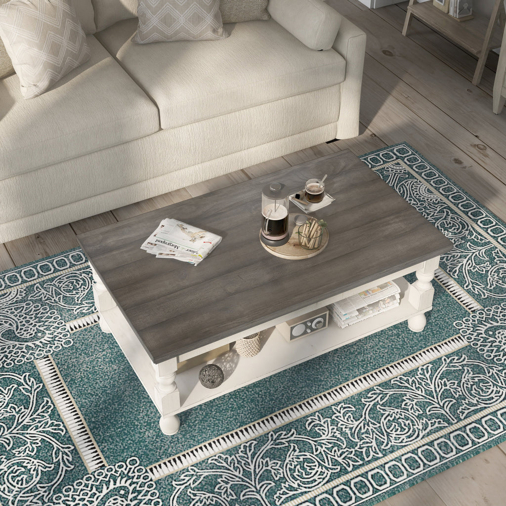 Rustic White Solid Wood 1-Shelf Coffee Table O9349