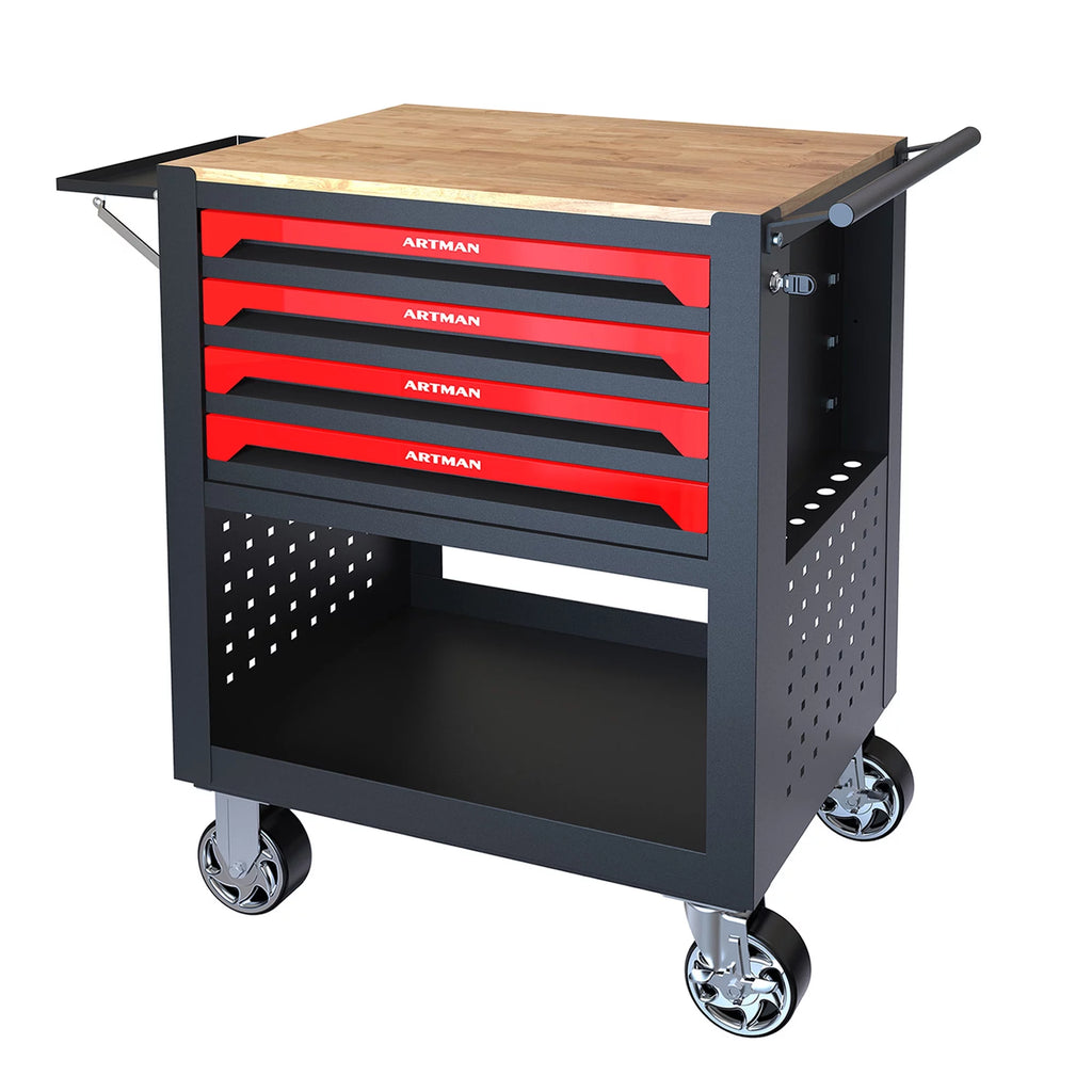 4-Tier Rolling Tool Cart with Cabinet and Wooden Top L151