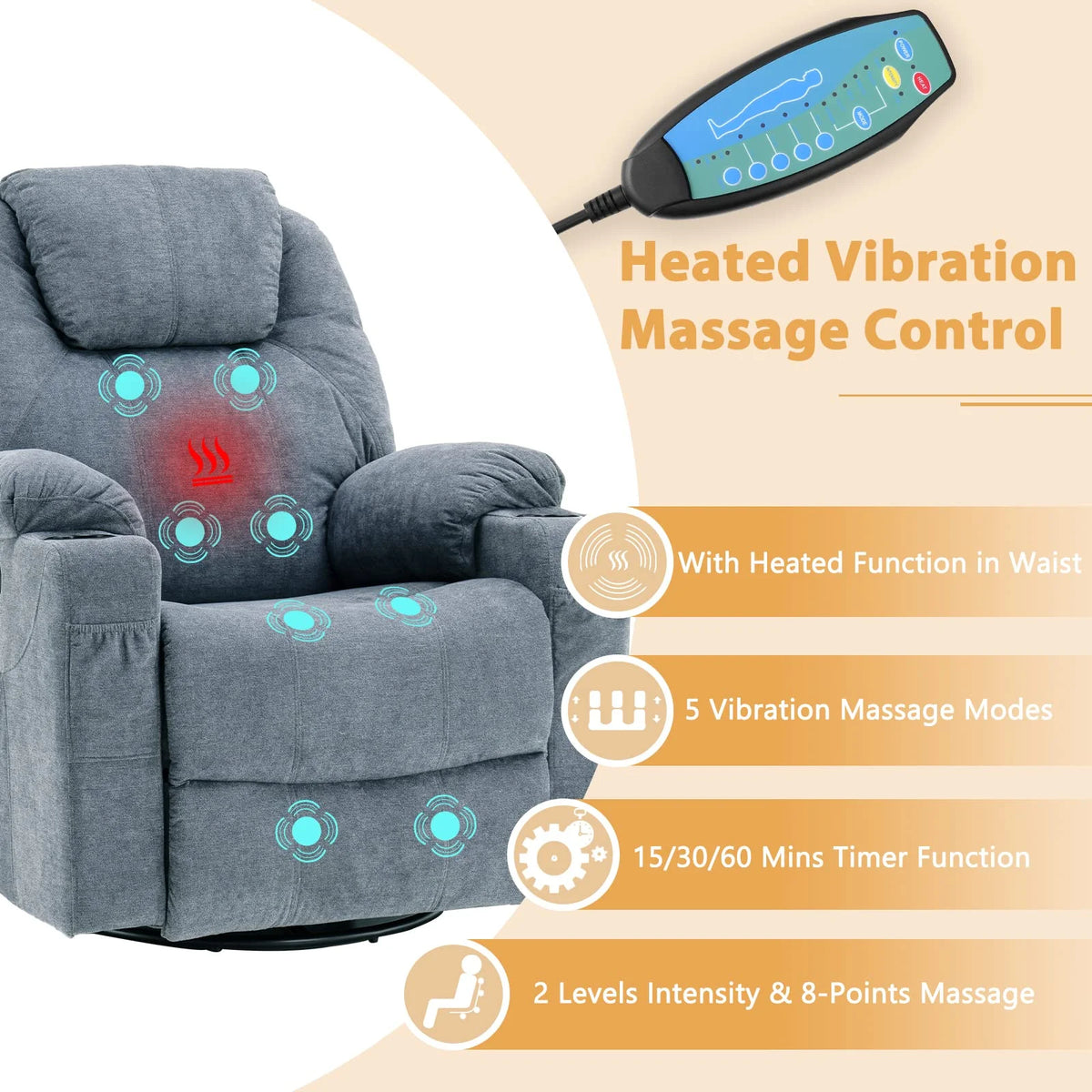 Gray-Blue Swivel Rocker Recliner Chair with Heated Massage U1353